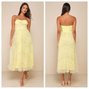 Lulus Perfect Whimsy Yellow Floral Mesh Strapless Midi Dress
